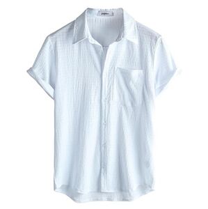 Mens Summer Striped Button Down Short Sleeve Hawaiian Shirt White